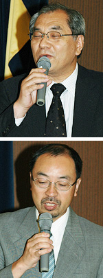 講演する斉藤武司氏(上)と宮原佳彦氏(下)