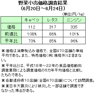 野菜小売価格調査結果(6月20日〜6月24日)