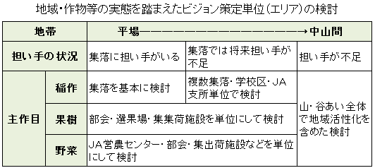 地域・作物等の実態を踏まえたビジョン策定単位(エリア)の検討